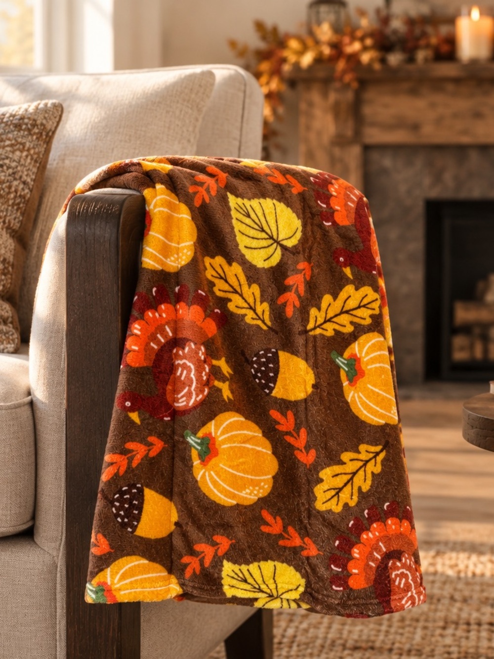 Autumn Harvest Pumpkin & Acorn Plush Throw Blanket - Brown/Orange/Yellow 50 x 60
